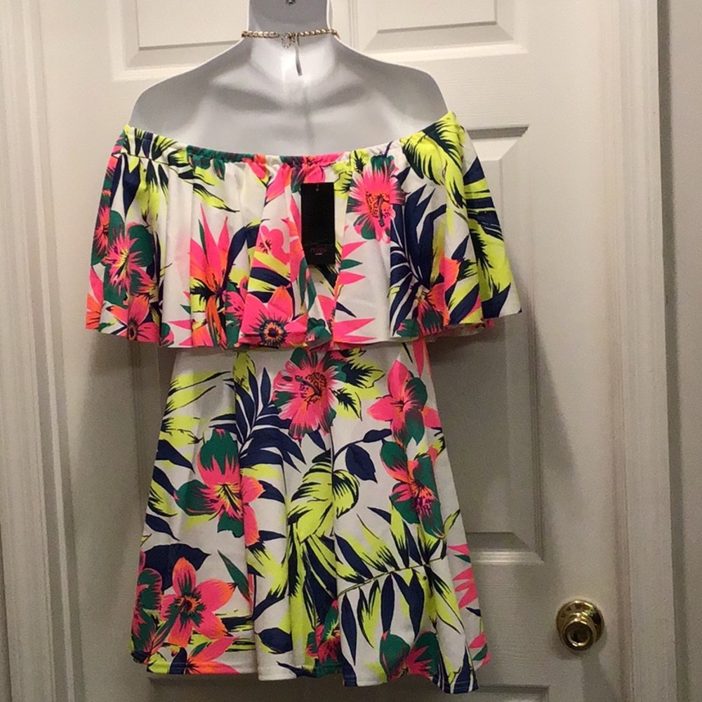 Off-Shoulder Tropical Print Mini Dress - Neon Floral - Picture 4 of 6